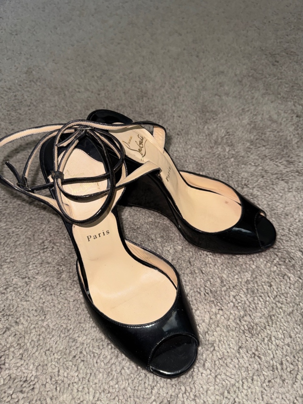 Christian Louboutin Black Patent Peep-Toe Ankle-Strap Heels - Picture 6 of 8